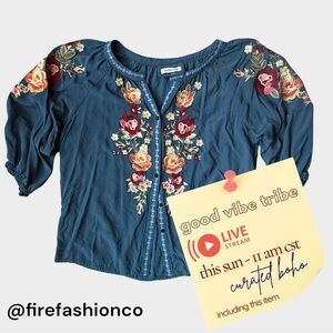 Paparazzi Blue Hippie Boho Floral Embroidered Blouse Large